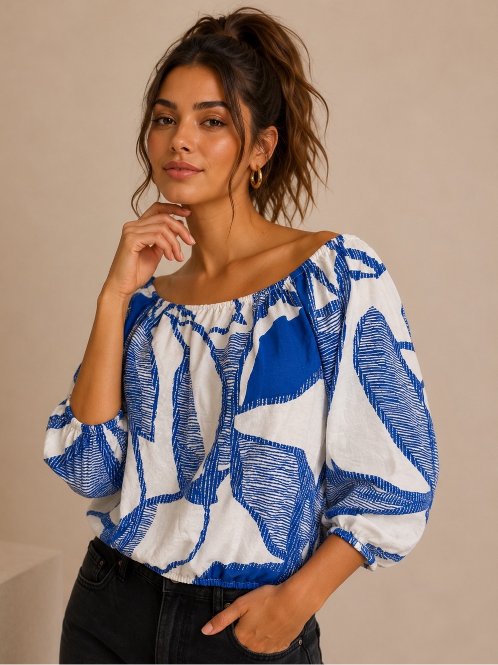 Nine West Blue and White Off-Shoulder Printed Top